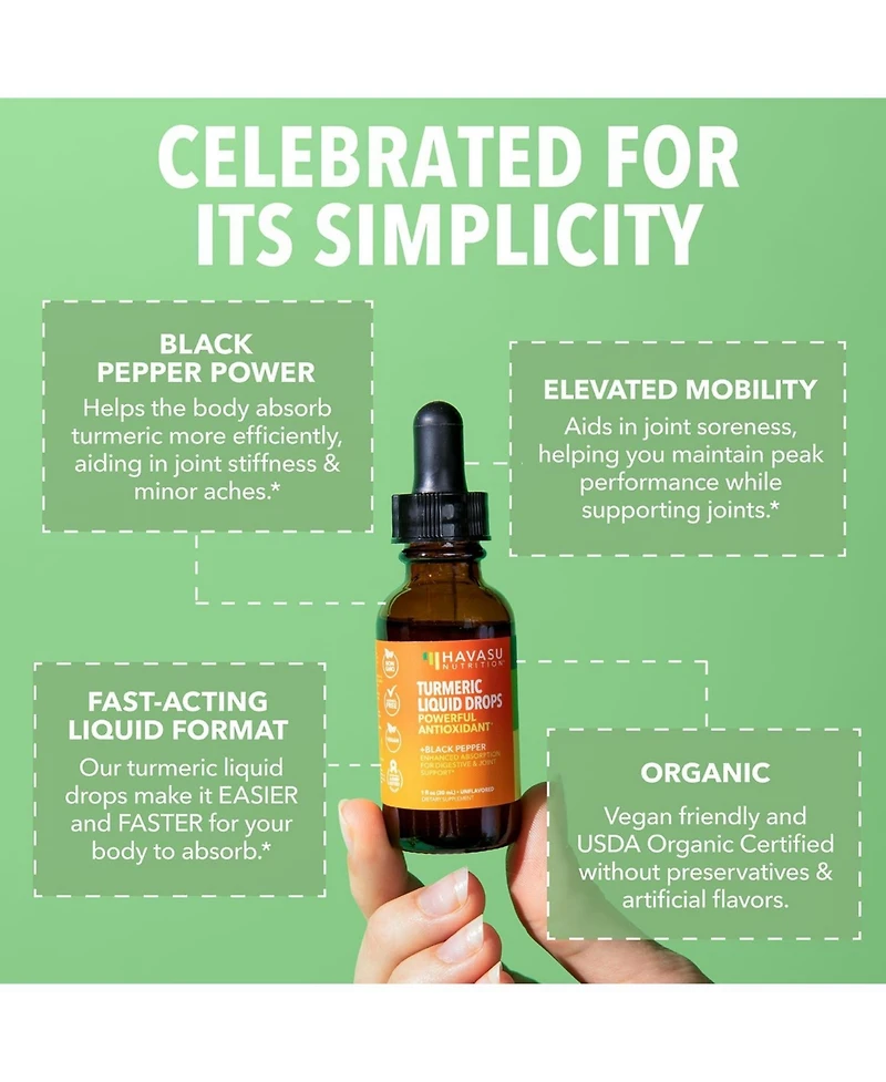 Organic Turmeric Liquid Drops, Liquid Turmeric 1000mg Enhanced Absorption for Digestive & Joint Support, Unflavored, Havasu Nutrition, 1 fl oz