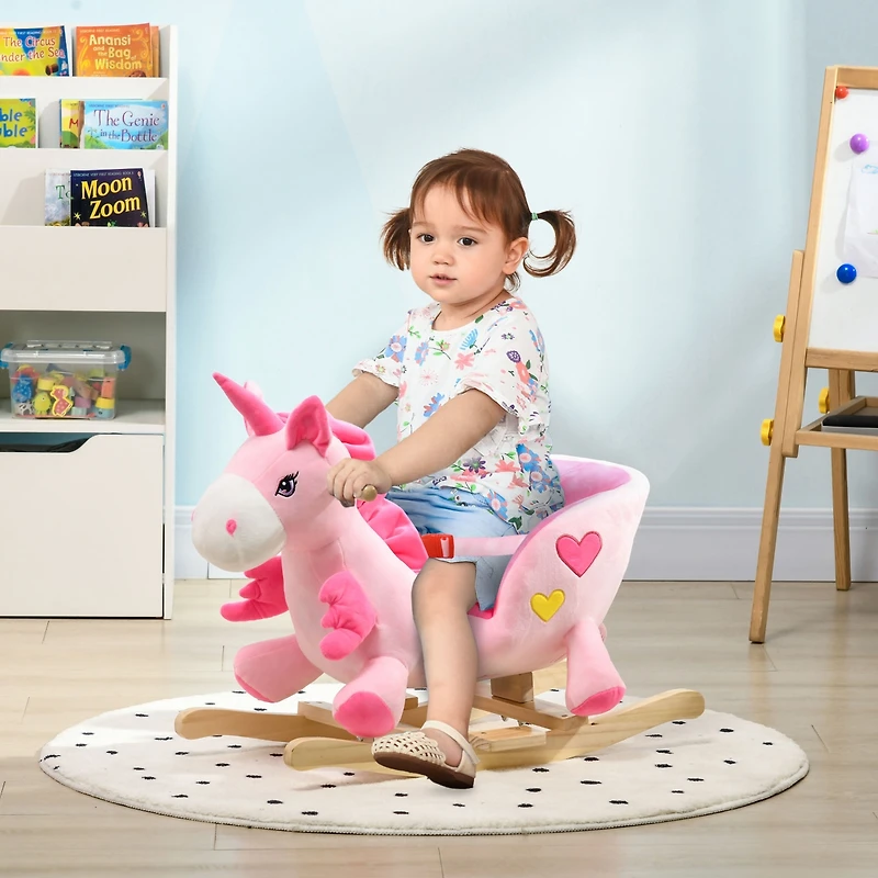 Qaba Kids Rocking Chair with Sound, Wood Base Seat, Safety Belt, Unicorn