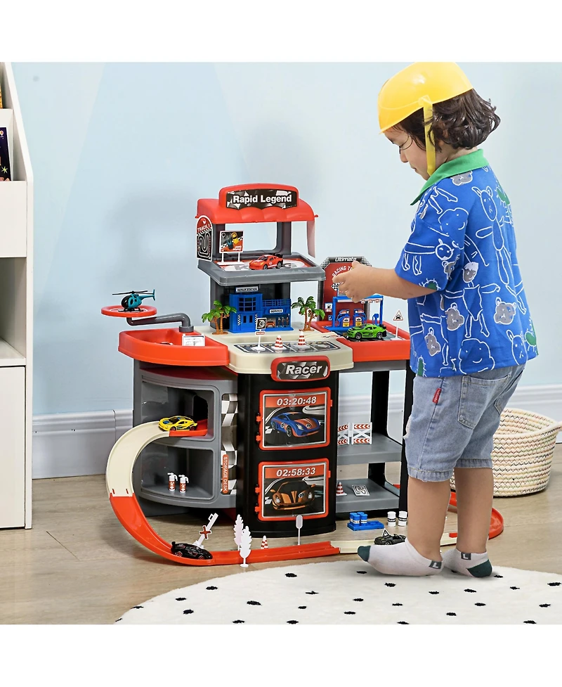 Qaba City Garage Playset with 65 Accessories, 2 in 1 Design Children Trolley, Car Ramp Toy Set with 6 Mini Racer Cars, Gifts for Kids Ages 3-6 Years O