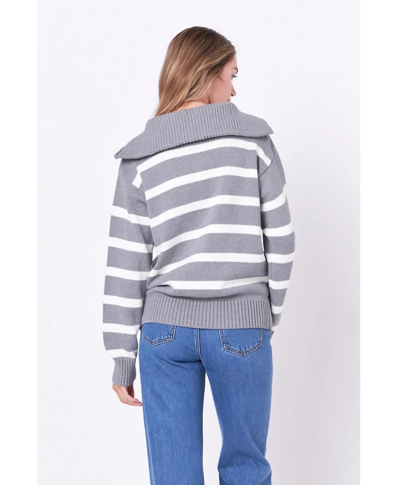 English Factory Women's Striped Knit Zip Pullover Sweater
