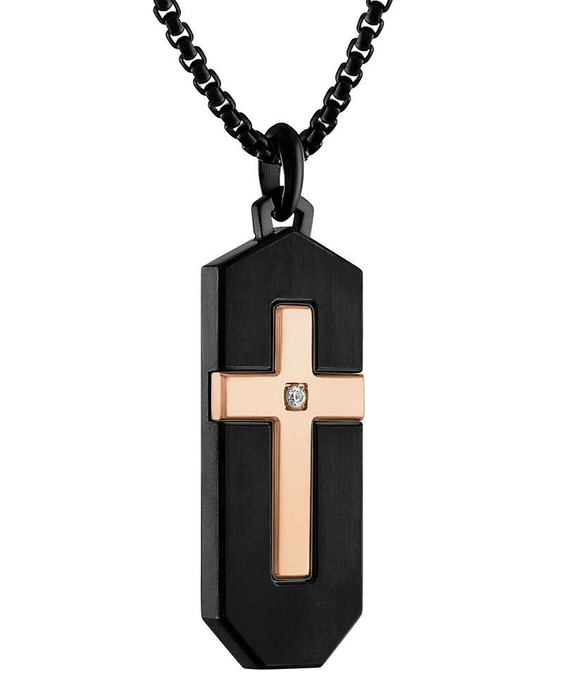 Bulova Black & Rose Gold-Tone Ip Stainless Steel Diamond-Accent Cross 26" Pendant Necklace