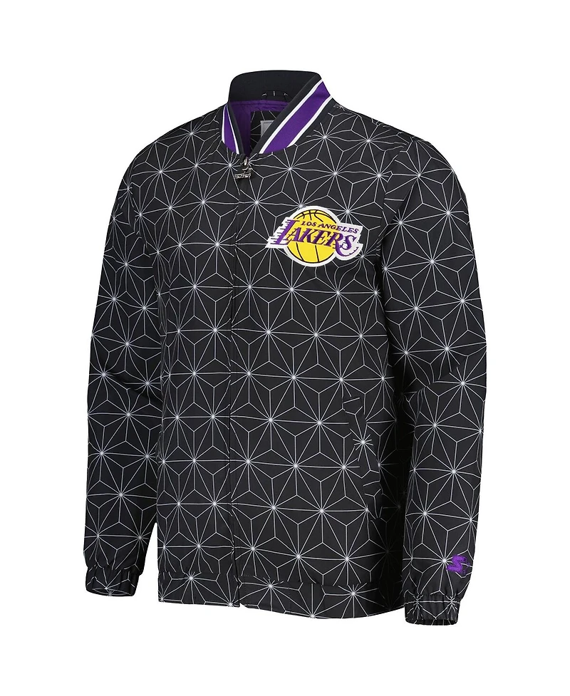 Men's Starter Black Los Angeles Lakers In-Field Play Fashion Satin Full-Zip Varsity Jacket