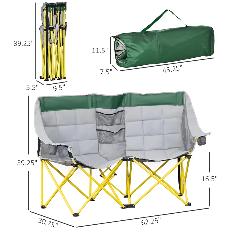 Outsunny Double Seat Camping Chair Folding Loveseat w/ Carry Bag &