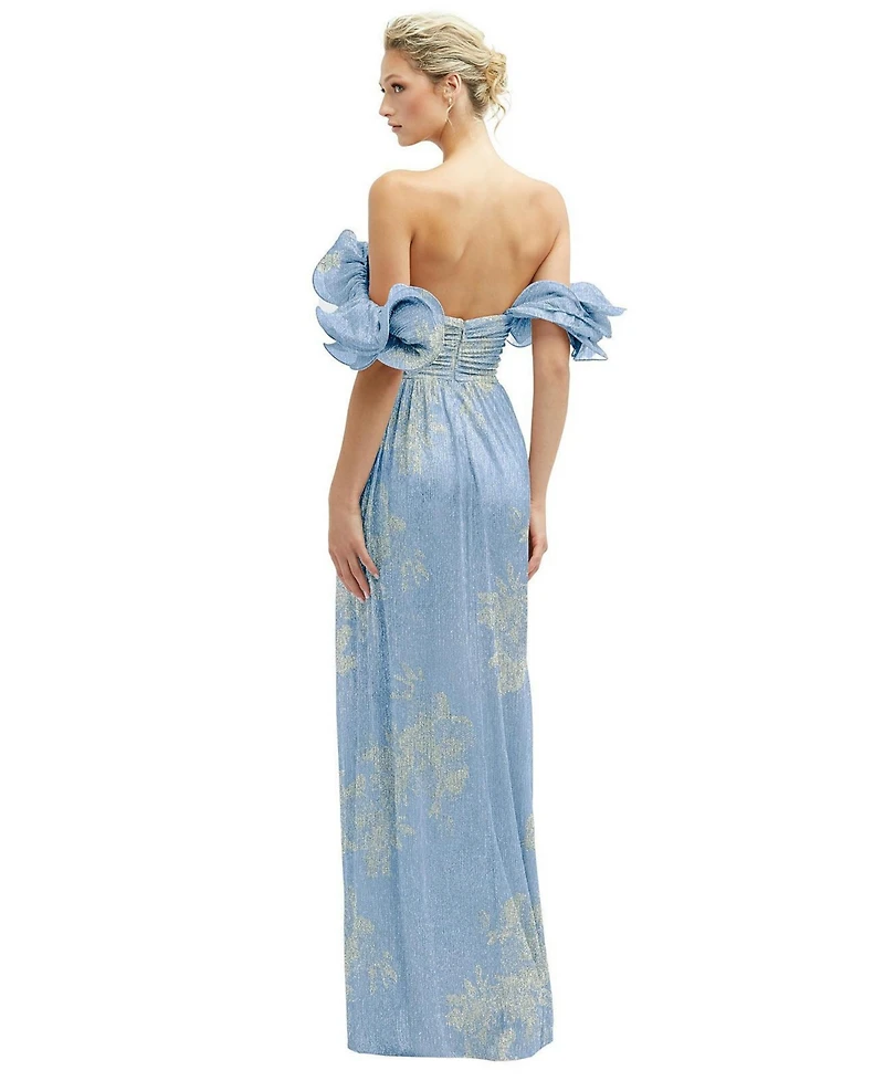 Womens Dramatic Ruffle Edge Convertible Strap Metallic Pleated Maxi Dress with Floral Gold Foil Print