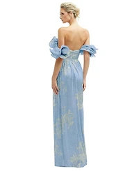 Womens Dramatic Ruffle Edge Convertible Strap Metallic Pleated Maxi Dress with Floral Gold Foil Print