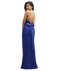 Plunge Halter Open-Back Maxi Bias Dress with Low Tie Back