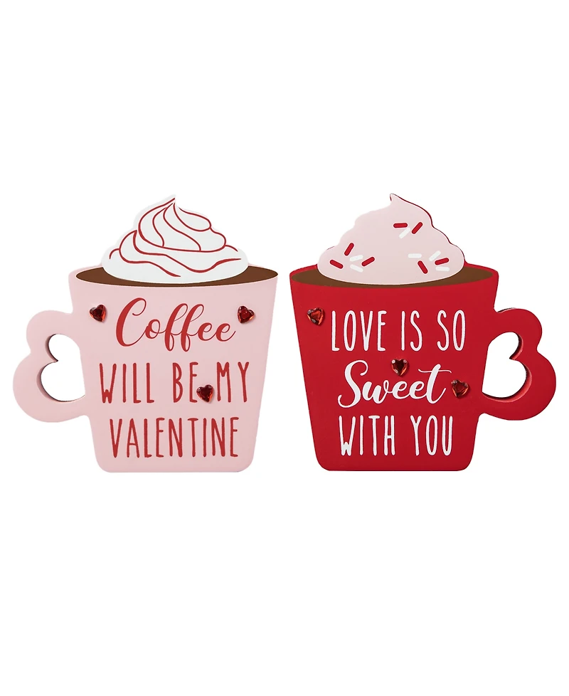 Glitzhome Wooden Valentine's Coffee Cup Table Decor, Set of 2