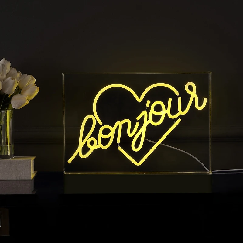 Jonathan Y Bonjour Heart Contemporary Glam Acrylic Box Usb Operated Led Neon Light