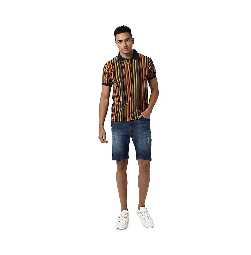 Campus Sutra Men's Yellow & Green Candy Striped Polo T-Shirt