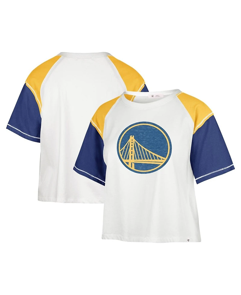 Women's '47 Brand Cream Distressed Golden State Warriors Premier Raglan Cropped T-shirt