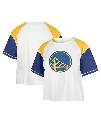 Women's '47 Brand Cream Distressed Golden State Warriors Premier Raglan Cropped T-shirt