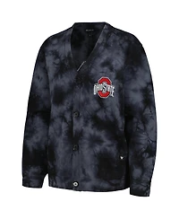 Women's The Wild Collective Black Ohio State Buckeyes Jeweled Tie-Dye Button-Up V-Neck Sweater