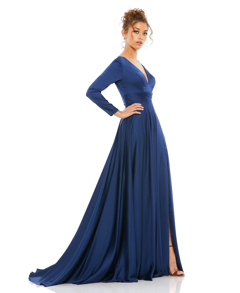 Mac Duggal Women's Ieena Long Sleeve Ruched Waist A-Line Gown