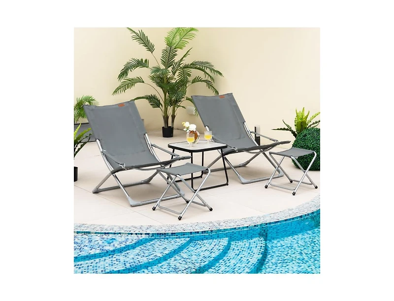 5-Piece Patio Sling Chair Set Folding Lounge Chairs with Footrests and Coffee Table-Grey