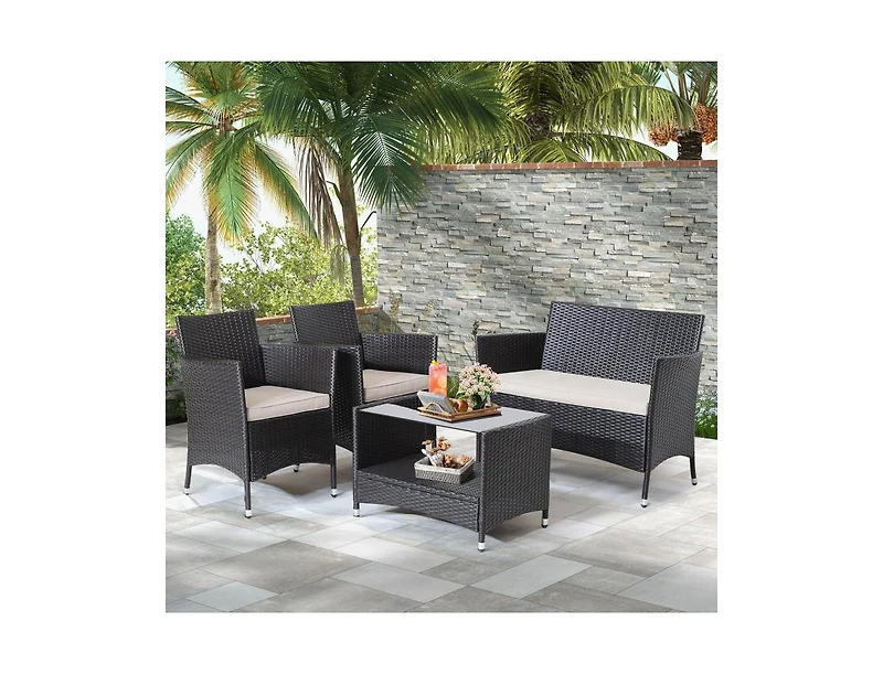 4 Pieces Patio Conversation Set with Soft Cushions and Tempered Glass Tabletop