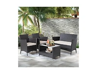 4 Pieces Patio Conversation Set with Soft Cushions and Tempered Glass Tabletop