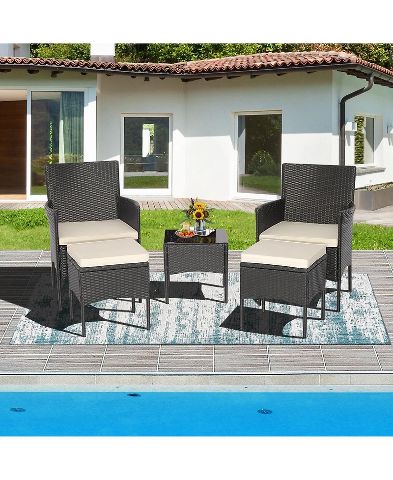 5 Pieces Outdoor Wicker Sofa Set with Coffee Table and 2 Ottomans