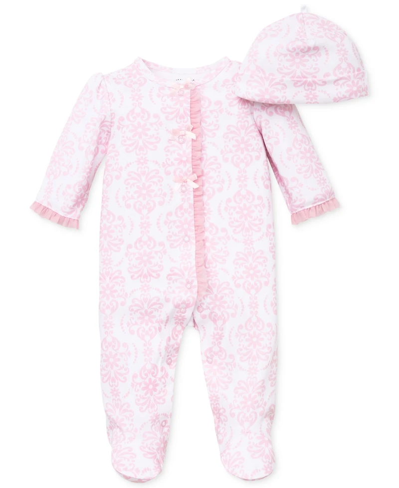 Little Me Baby Girls Damask Footed Coverall and Hat, 2 Piece Set