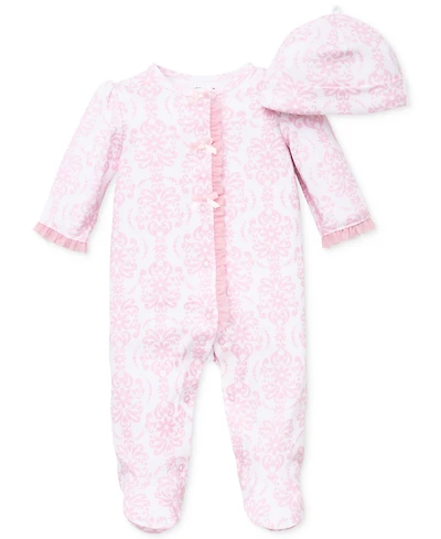 Little Me Baby Girls Damask Footed Coverall and Hat, 2 Piece Set