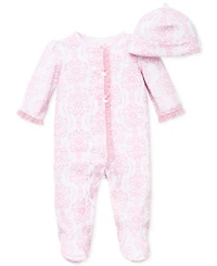 Little Me Baby Girls Damask Footed Coverall and Hat, 2 Piece Set