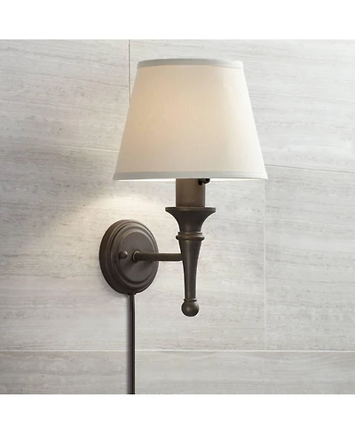 Regency Hill Braidy Farmhouse Rustic Wall Lamp Bronze Metal Plug-in 7" Light Fixture Ivory Empire Shade for Bedroom Bedside Reading Living Room H