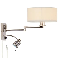Possini Euro Design Tesoro Modern Swing Arm Wall Lamp with Led Reading Arm Brushed Nickel Plug-in Light Fixture Off White Drum Shade for Bedroom Home