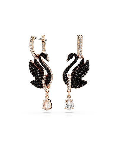Swarovski Swan, Black, Rose Gold-Tone Iconic Swan Drop Earrings