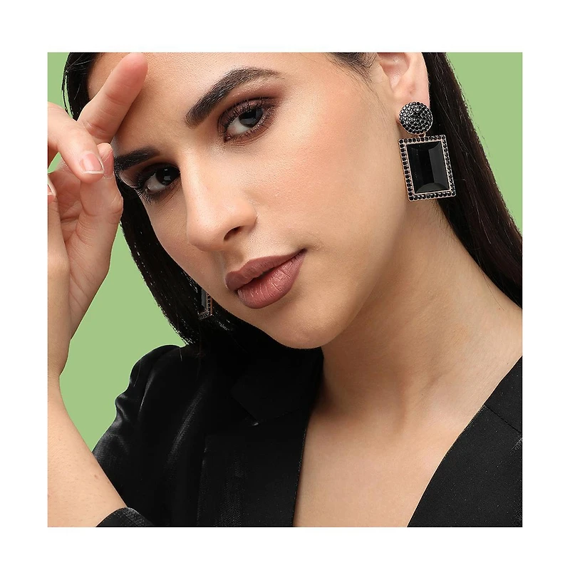 Sohi Women's Black Embellished Geometric Drop Earrings