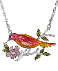 2028 Silver-Tone Red and Yellow Enameled Bird and Flower Pendant Necklace