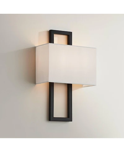 Possini Euro Design Modena Modern Art Deco Wall Light Sconce Black Hardwire 9 1/2" Fixture Silvery Faux Silk Shade for Bedroom Bathroom Vanity Re