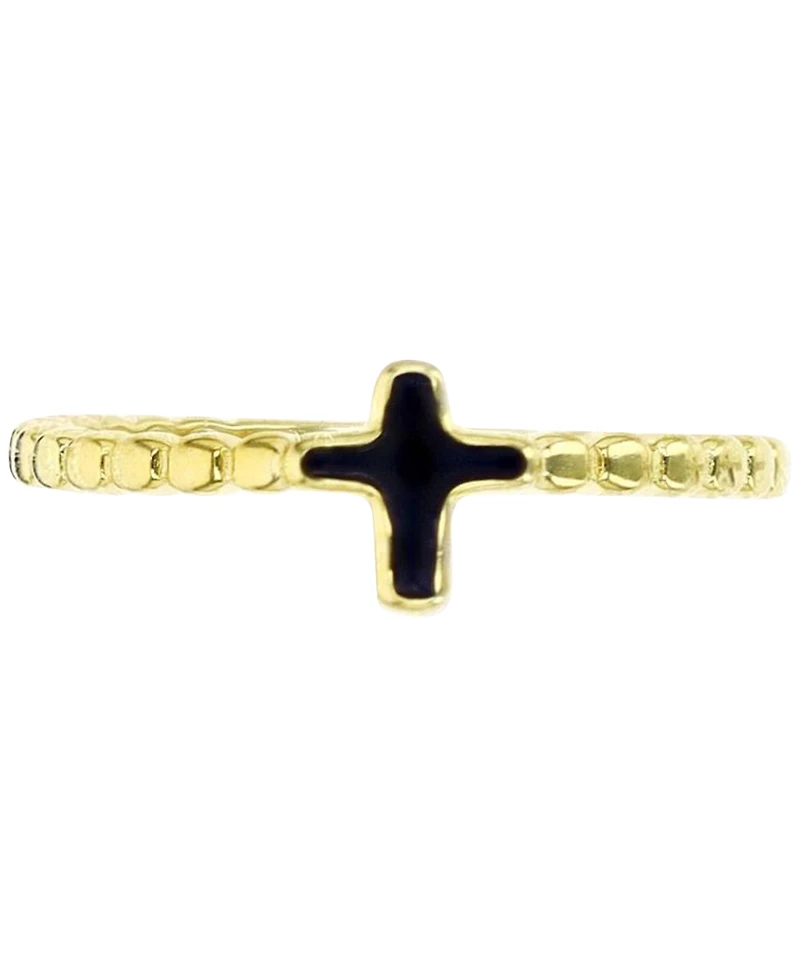 Black Enamel Beaded Cross Ring 14k Gold-Plated Sterling Silver