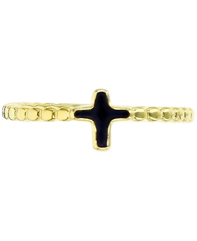 Black Enamel Beaded Cross Ring 14k Gold-Plated Sterling Silver