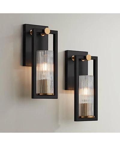 Stiffel Industrial Modern Wall Light Sconces Set of 2 Black Warm Brass Hardwired 4 1/2" Fixture Clear Ribbed Glass Shade for Bedroom Bathroom Van