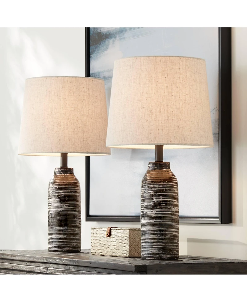 360 Lighting 24" High Mid Century Modern Farmhouse Rustic Table Lamps Set of 2 Black Finish Oatmeal Shade Living Room Bedroom