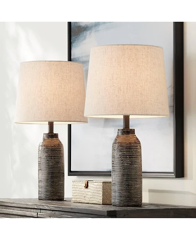 360 Lighting 24" High Mid Century Modern Farmhouse Rustic Table Lamps Set of 2 Black Finish Oatmeal Shade Living Room Bedroom