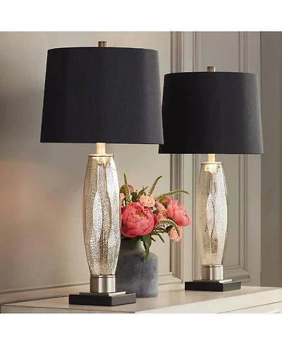 Regency Hill Landro Modern Mid Century Table Lamps 27 1/2" Tall Set of 2 Mercury Glass Black Drum Shade for Bedroom Living Room Bedside Office Fa