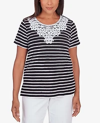 Alfred Dunner Women's Classic Neutrals Lace Neck Striped Split Hem T-shirt