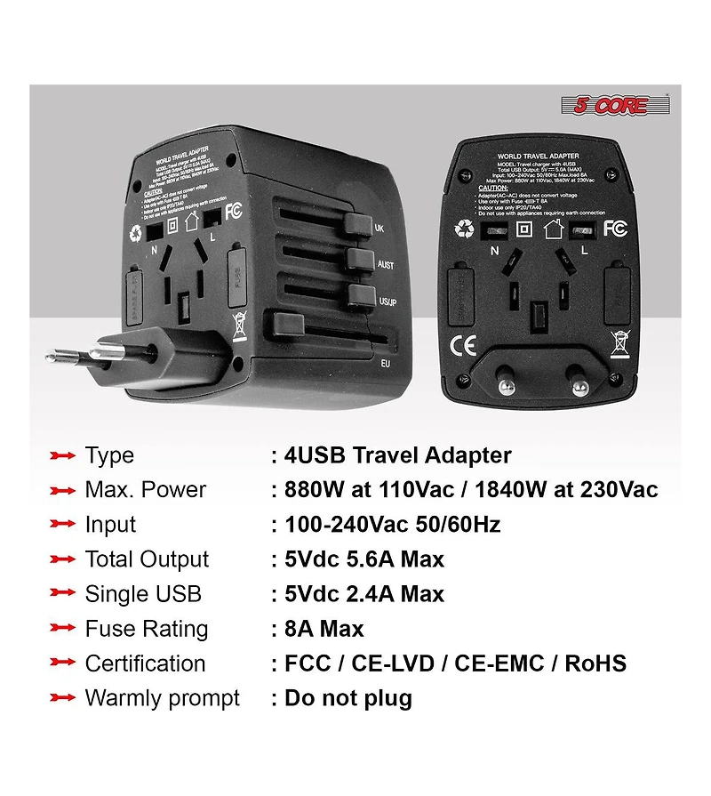 5 Core Travel Adapter 1 Piece Black International Power Adapter Plug Multi Outlet Port 4 Usb Travel Charger Universal Ac Plug Outlet Adapter- Uta B