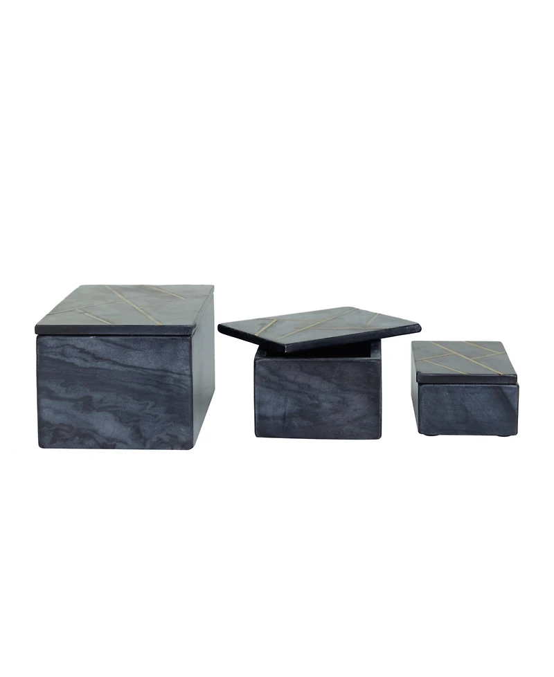 Rosemary Lane Real Marble Box with Gold-Tone Linear Lines Set of 3 - 9", 7", 6"W