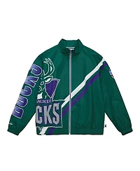 Men's Mitchell & Ness Hunter Green Milwaukee Bucks Exploded Logo Warm-Up Full-Zip Jacket