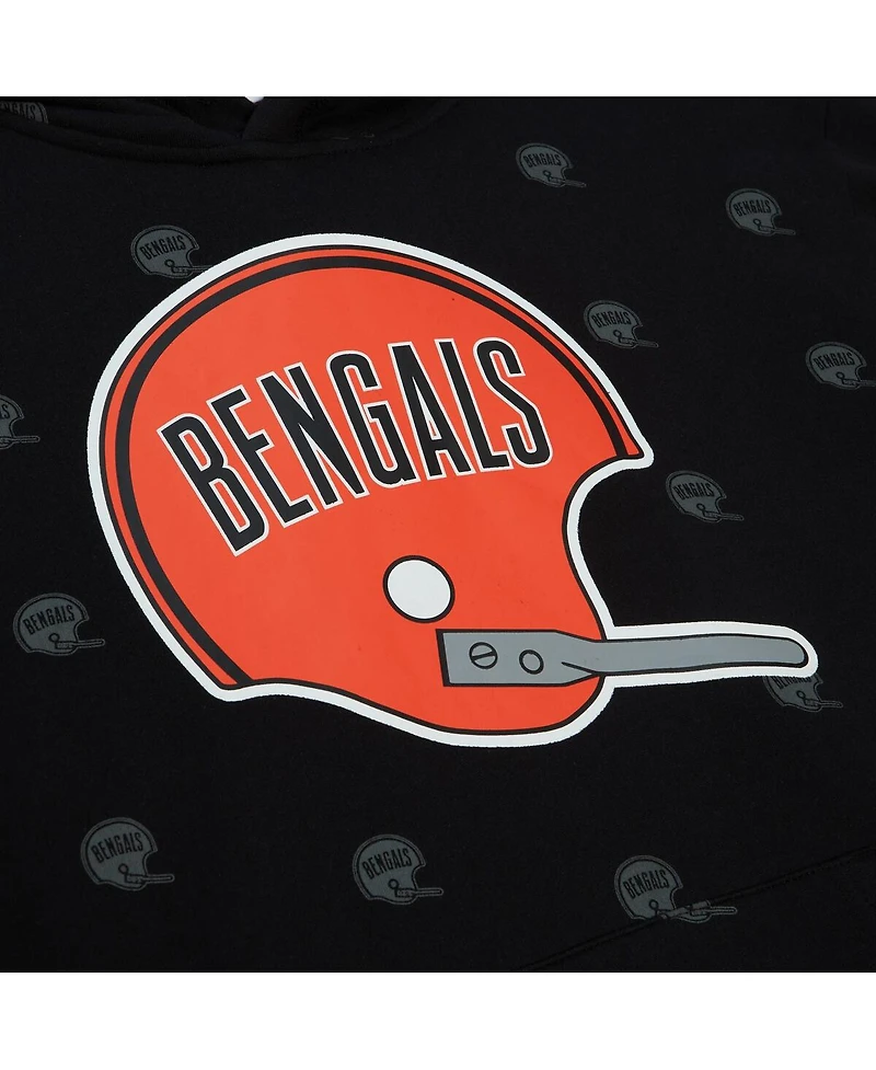 Men's Mitchell & Ness Black Cincinnati Bengals Allover Print Fleece Pullover Hoodie