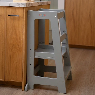 Stepup Baby Toddler Tower with Adjustable Step, White Montessori-Inspired Step Stool, Standing for Kids, Fits Under Kitchen Counters, Ad