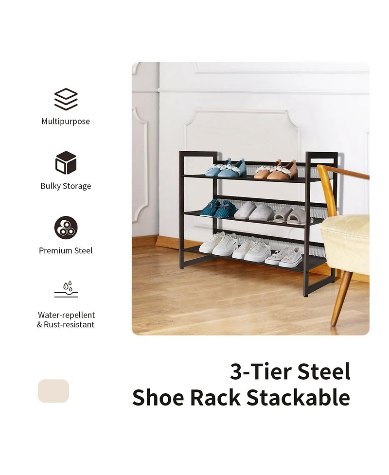 Flat and Slant Metal Shoe Rack for Entryway Hallway-3-Tier