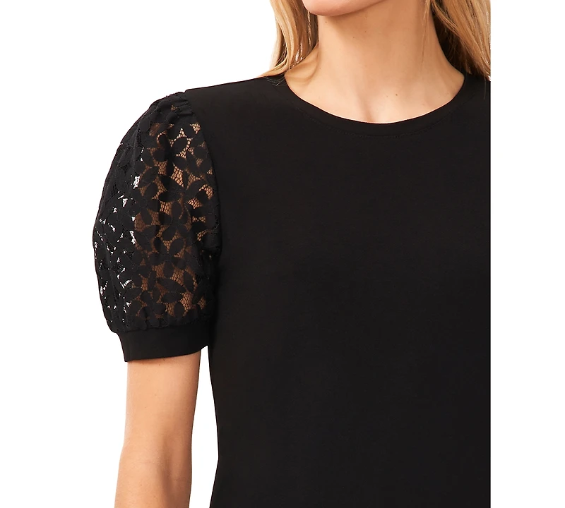 CeCe Women's Crochet Puff Sleeve Mix Media Knit Top