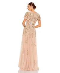 Women's Embellished Butterfly Sleeve High Neck Gown