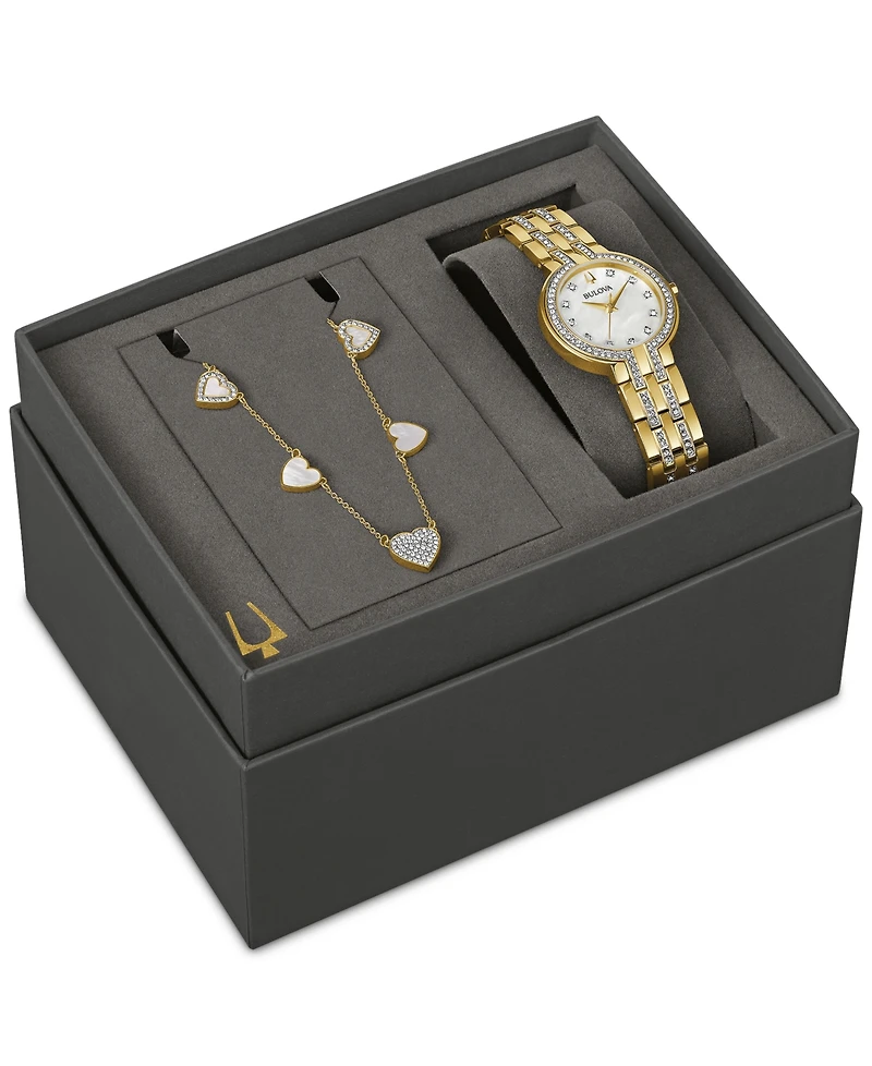 Bulova Women's Classic Crystal Gold-Tone Stainless Steel Bracelet Watch 30mm Gift Set