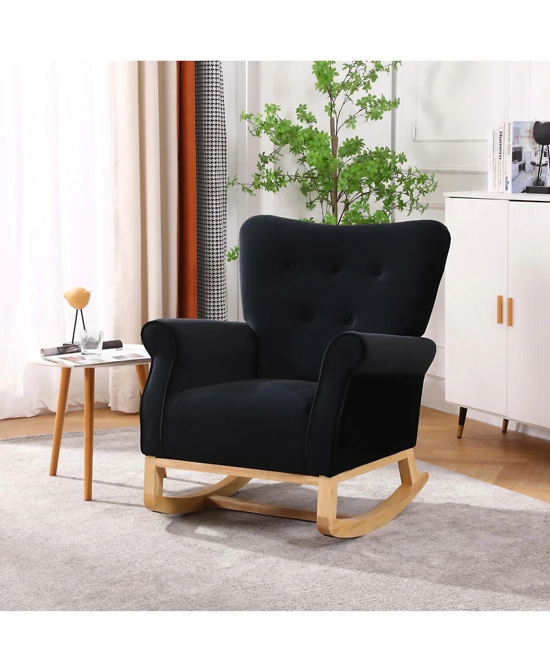 Mid Century Fabric Rocker Chair With Wood Legs And Velvet For Living Room Bedroom