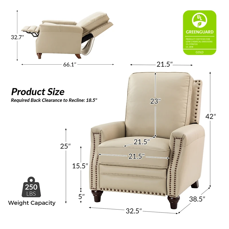 Bellino Modern Genuine Leather Recliner with Nailhead Trim