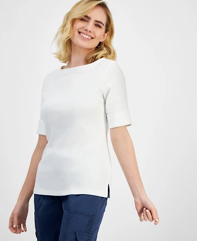 Style & Co Petite Cotton Elbow-Sleeve Boat-Neck Top, Exclusively at Macy's