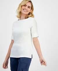 Style & Co Petite Cotton Elbow-Sleeve Boat-Neck Top, Exclusively at Macy's